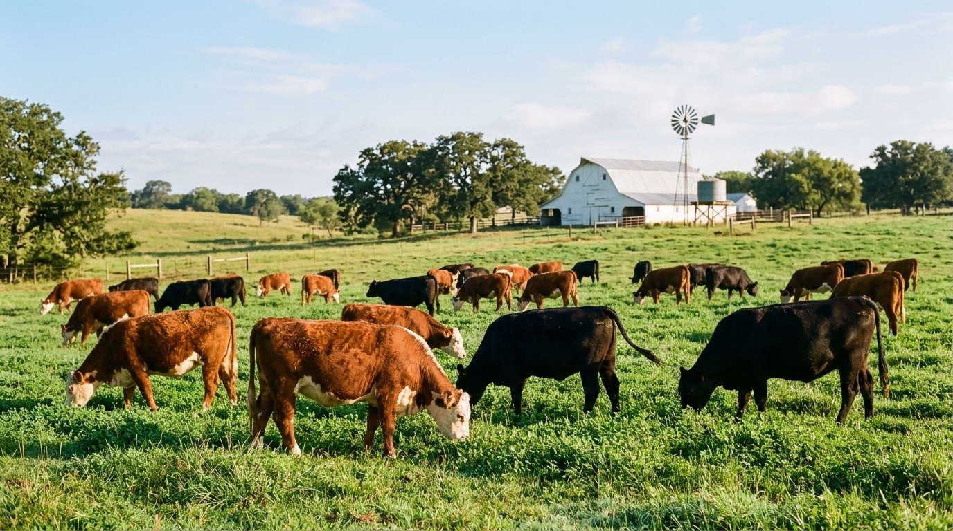 High-grade commercial Red Angus cattle grazing on native Texas rangeland