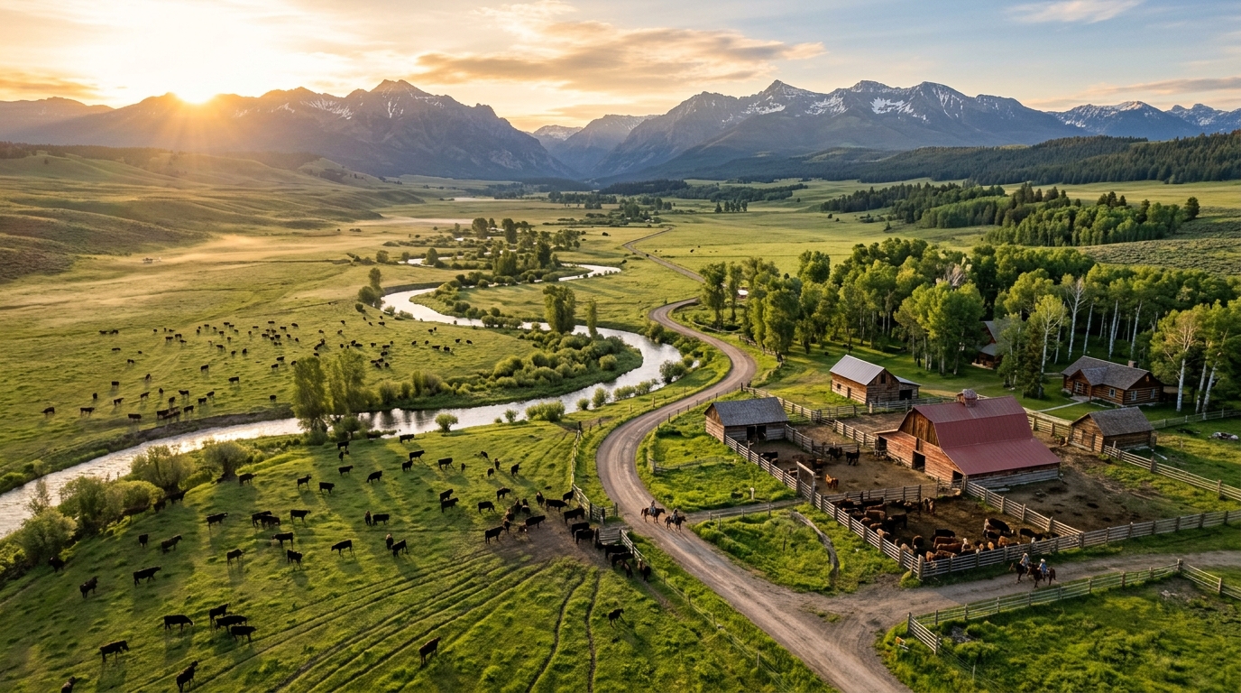 Expansive panoramic view of working cattle pastures under open western skies